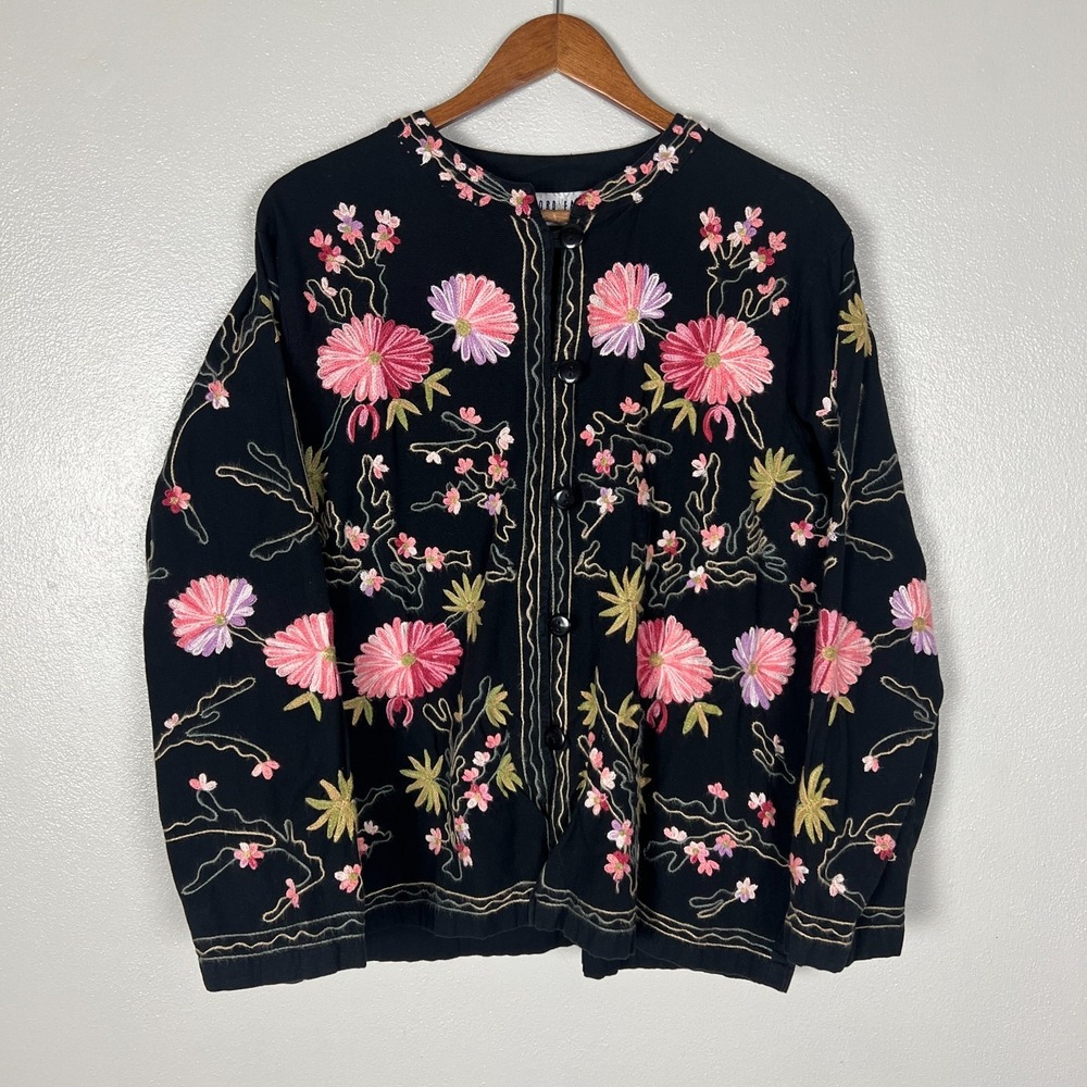 Vintage Boho Festival Jacket Womens XL Black Pink Floral Embroidered Button Up